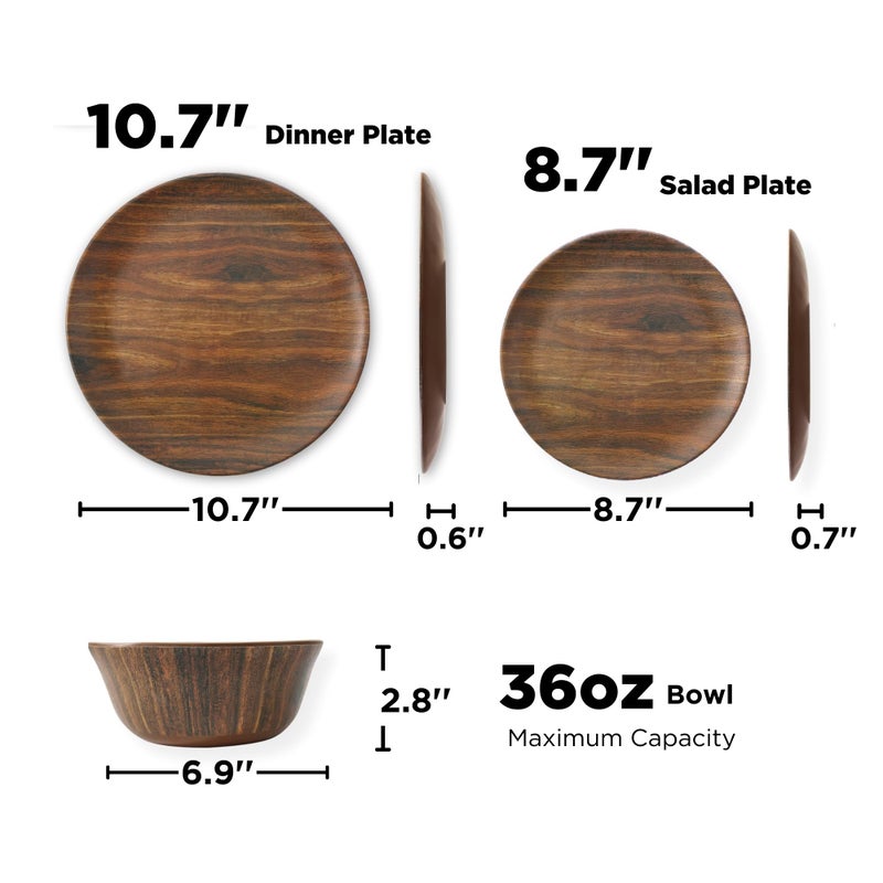 TP 12-Piece Melamine Dinnerware Sets, Plates and Bowls Dishes Set for 4, Break-Resistant & Non-Microwavable, Lightweight Dinner Plates, Wood Grain - Image 4
