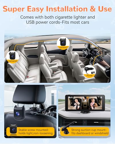 KOUENOM Dual Car Camera Baby Monitor with 6.9" Split Screen-1080P HD Carseat Camera for 2 kids with 360° Full Rotation-Night Vision, Auto-detail Enhancement, 2 Power Ways, Easy Install, for Twins & Siblings - Image 5
