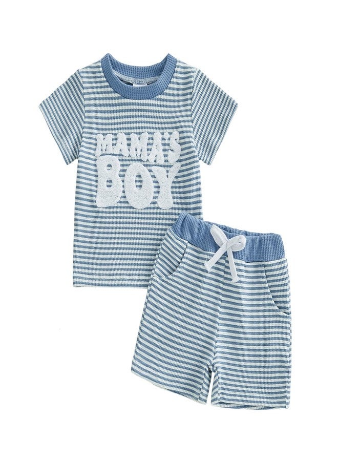 Douhoow Toddler Boy Summer Outfit Stripes Short Sleeve Mamas Boy T Shirt Shorts Pants Boys Festival Clothes (Blue, 12-18 Months) - Image 1