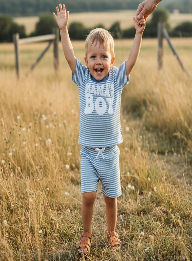Douhoow Toddler Boy Summer Outfit Stripes Short Sleeve Mamas Boy T Shirt Shorts Pants Boys Festival Clothes (Blue, 12-18 Months) - Image 4