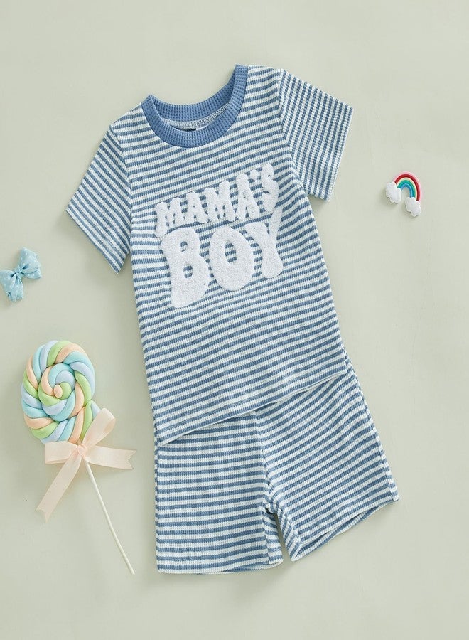 Douhoow Toddler Boy Summer Outfit Stripes Short Sleeve Mamas Boy T Shirt Shorts Pants Boys Festival Clothes (Blue, 12-18 Months) - Image 3