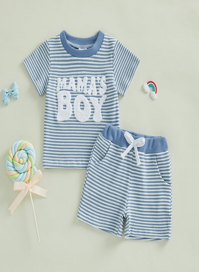 Douhoow Toddler Boy Summer Outfit Stripes Short Sleeve Mamas Boy T Shirt Shorts Pants Boys Festival Clothes (Blue, 12-18 Months) - Image 2
