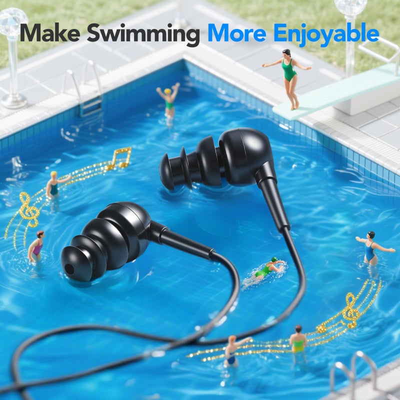 AGPTEK IPX8 Waterproof in-Ear Earphones, Coiled Cable Swimming Earbuds with Stereo Audio Extension Cable, Wired,Black - Image 2