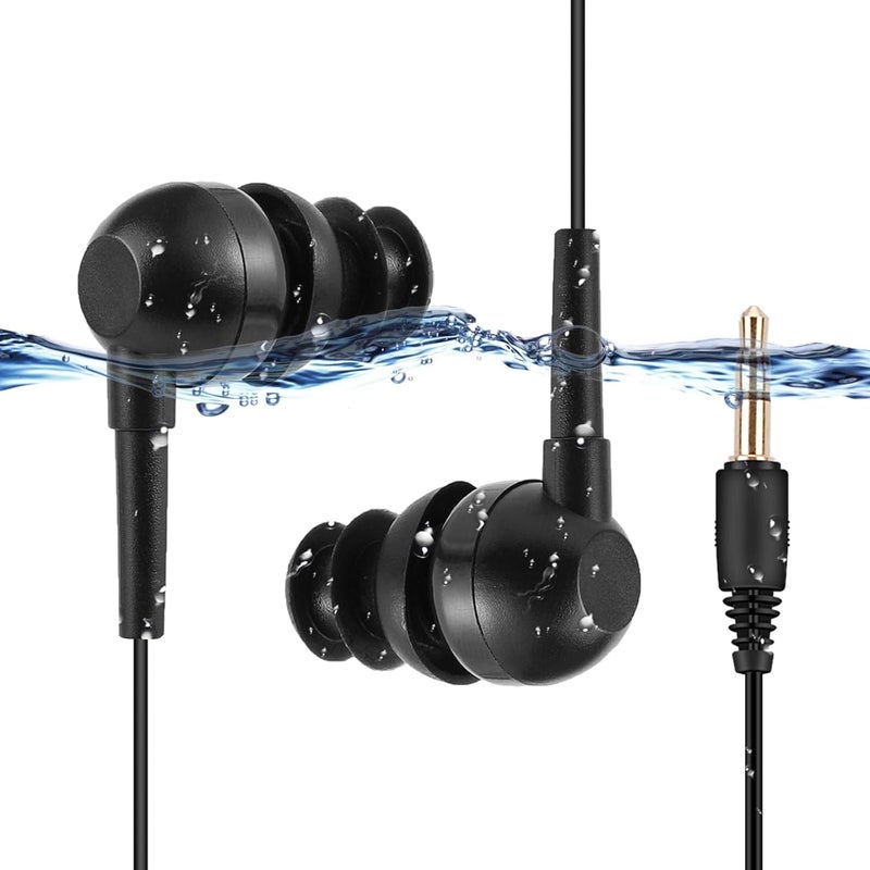 AGPTEK IPX8 Waterproof in-Ear Earphones, Coiled Cable Swimming Earbuds with Stereo Audio Extension Cable, Wired,Black - Image 1