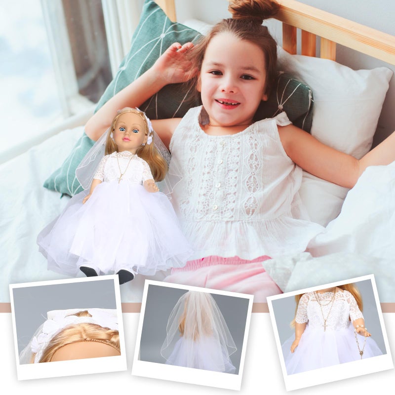 RoundFunny 7 Pcs 18 Inches American Doll Clothes Outfit First Communion Dress with Matching Headband Veil Bracelet Shoes Socks Necklaces Fit 18 Inches Dolls, Doll Not Included(Floral Headband) - Image 5