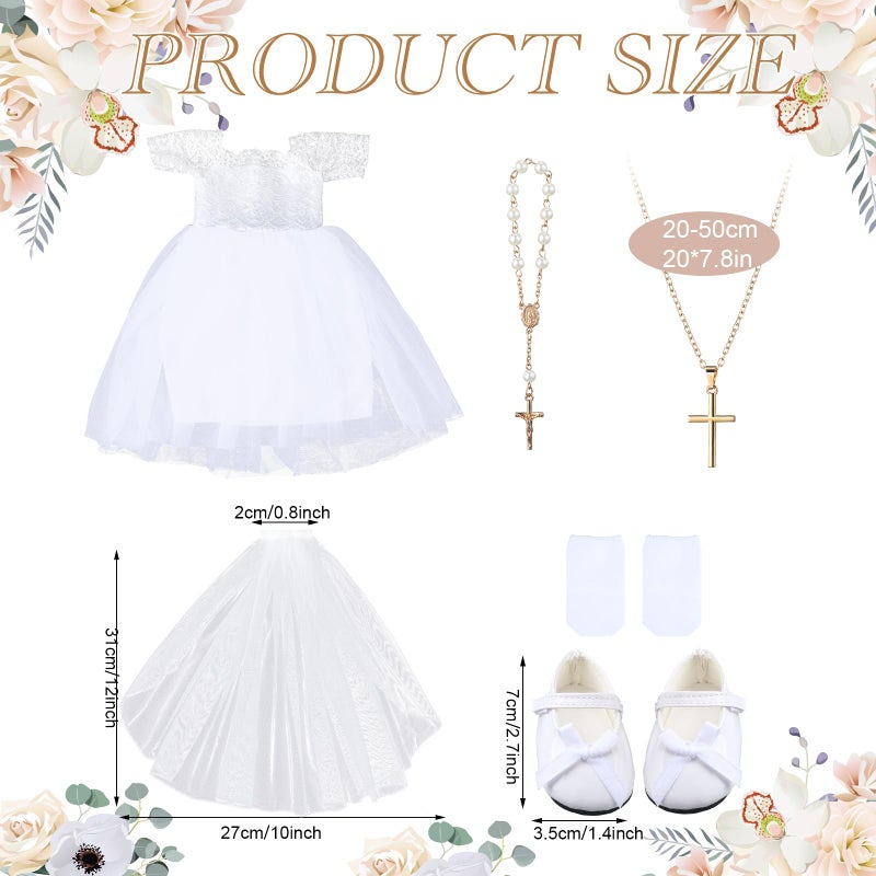RoundFunny 7 Pcs 18 Inches American Doll Clothes Outfit First Communion Dress with Matching Headband Veil Bracelet Shoes Socks Necklaces Fit 18 Inches Dolls, Doll Not Included(Floral Headband) - Image 3