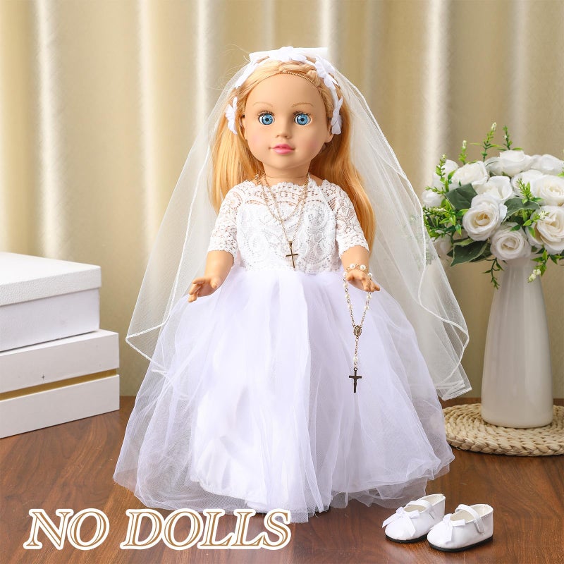 RoundFunny 7 Pcs 18 Inches American Doll Clothes Outfit First Communion Dress with Matching Headband Veil Bracelet Shoes Socks Necklaces Fit 18 Inches Dolls, Doll Not Included(Floral Headband) - Image 2