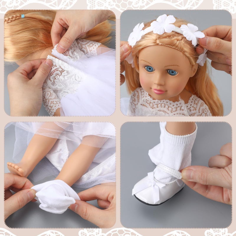 RoundFunny 7 Pcs 18 Inches American Doll Clothes Outfit First Communion Dress with Matching Headband Veil Bracelet Shoes Socks Necklaces Fit 18 Inches Dolls, Doll Not Included(Floral Headband) - Image 4