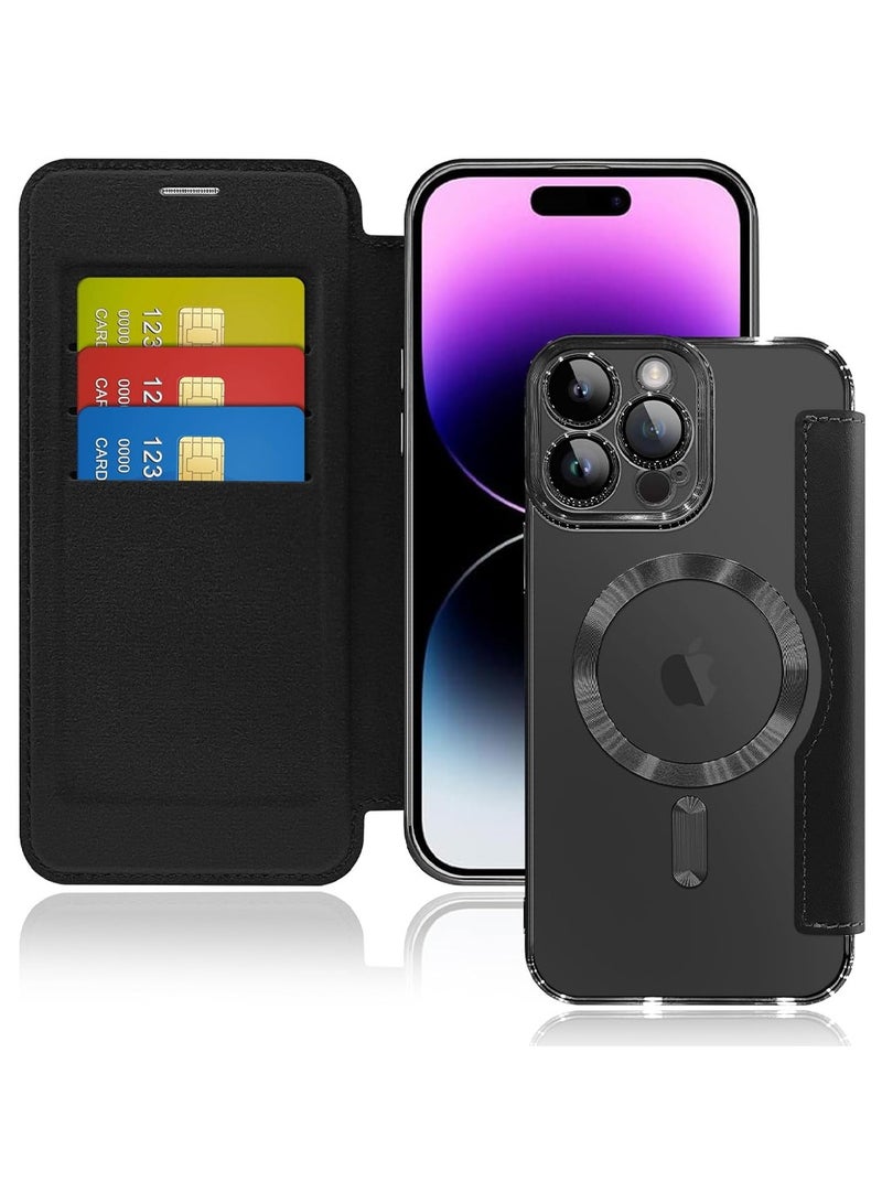 iPhone 15 Pro Case Cover Wallet Compatible with Magsafe Magnetic Shockproof Translucent Back Slim Full Camera Lens Screen Protective Flip Protector with Card Slot Leather Cover for iPhone 15 Pro - Image 1