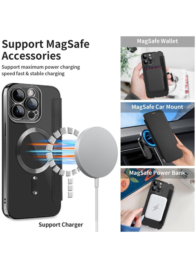 iPhone 15 Pro Case Cover Wallet Compatible with Magsafe Magnetic Shockproof Translucent Back Slim Full Camera Lens Screen Protective Flip Protector with Card Slot Leather Cover for iPhone 15 Pro - Image 4