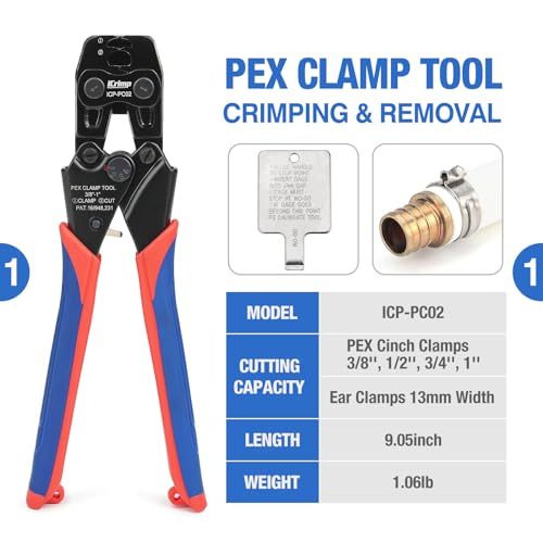 iCrimp PC-PC02KIT PEX Clamp Crimping Tool Kit with 1/2 inch(20 Pack) and 3/4 inch(10 Pack) PEX Clamp Rings, Pipe Cutter for PEX and Automotive Clamp Cinch and Removal - Image 2