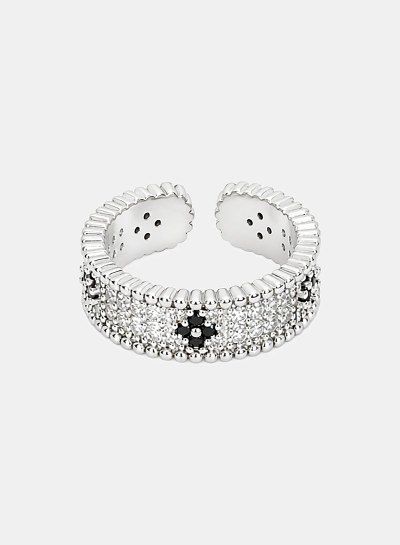 Akher el Ankoud Women'S Open Adjustable Ring With A Four-Petal Flower Design, Set With Sparkling Zircon Stones And Decorated With Black Engravings - Image 2
