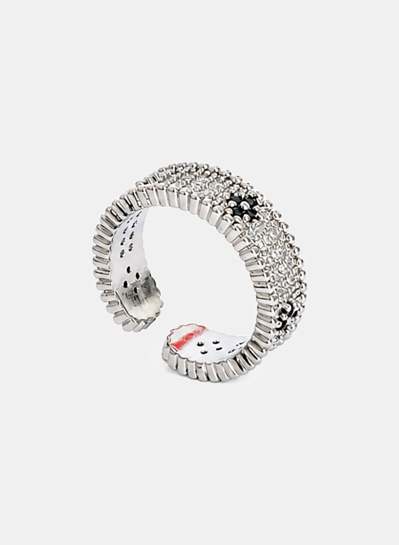 Akher el Ankoud Women'S Open Adjustable Ring With A Four-Petal Flower Design, Set With Sparkling Zircon Stones And Decorated With Black Engravings - Image 1