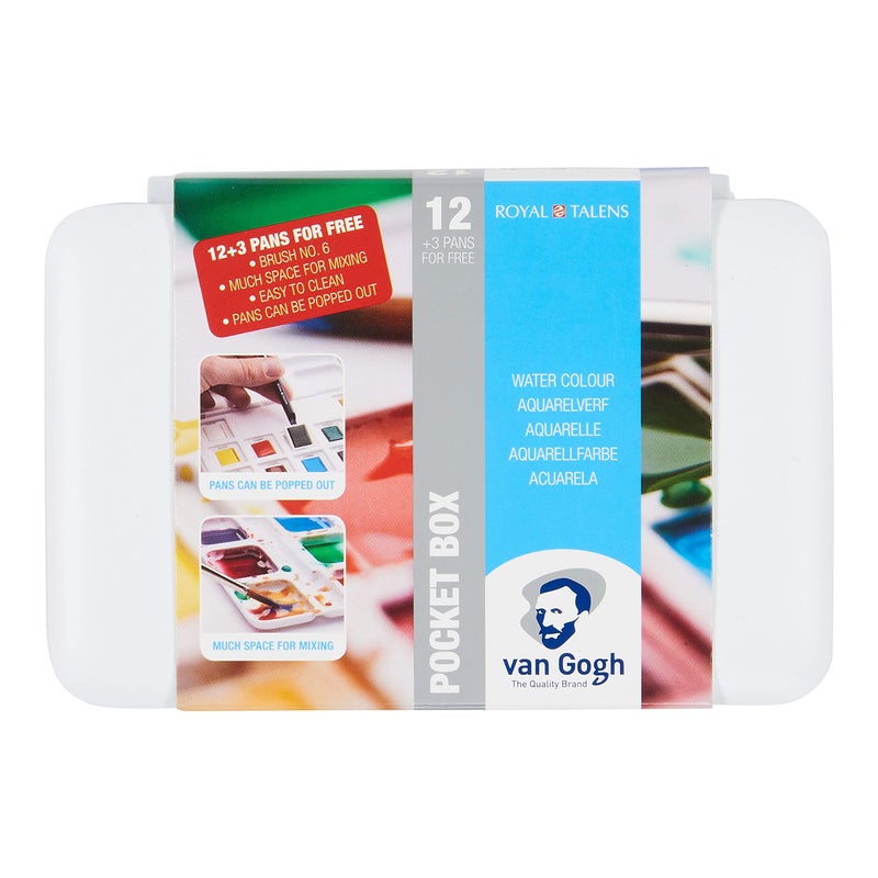 Van Gogh Watercolor Paint Set, Plastic Pocketbox, 12-Half Pan + 3-Half Pan Bonus General Selection - Image 1
