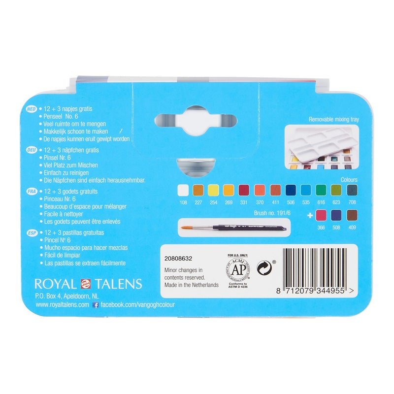 Van Gogh Watercolor Paint Set, Plastic Pocketbox, 12-Half Pan + 3-Half Pan Bonus General Selection - Image 3