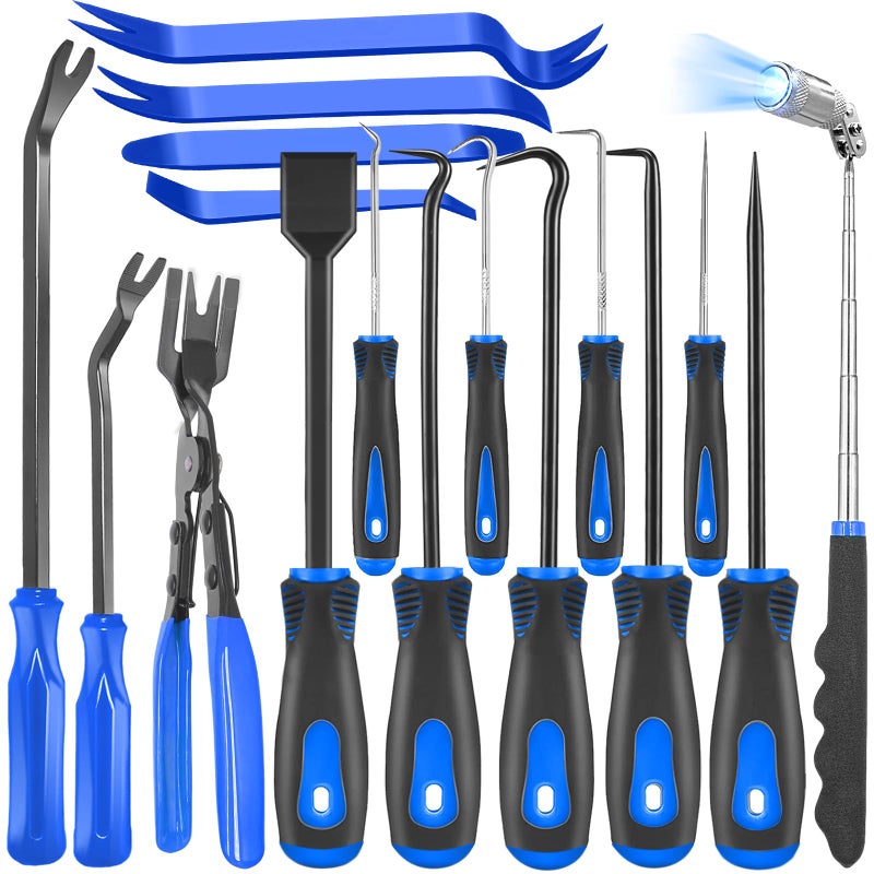 DOAHO 17Pcs Mechanic Hook and Pick Tool Set Car Trim Removal Kit with Fastener Clip PliersRivet PullerMagnetic PickupGasket ScraperNonScratch Plastic Pry Tools for Automotive RepairBlue - Image 3