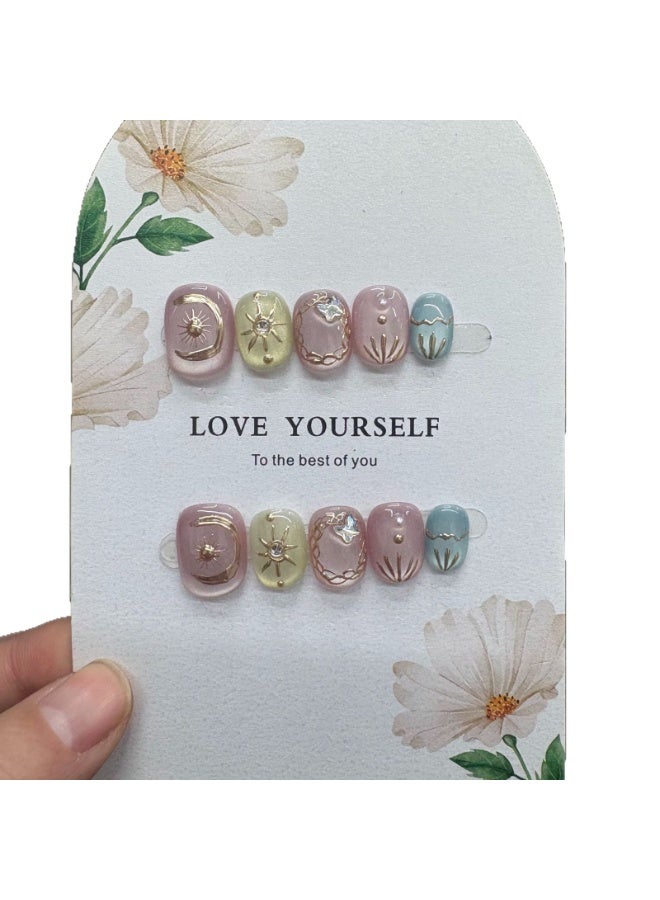 Boho Celestial Press On Nails - Sun Moon Star Design, Iridescent & Gold Line Art, Pastel Pink Yellow Blue Short Round Fake Nails for Daily & Vacation - Image 1