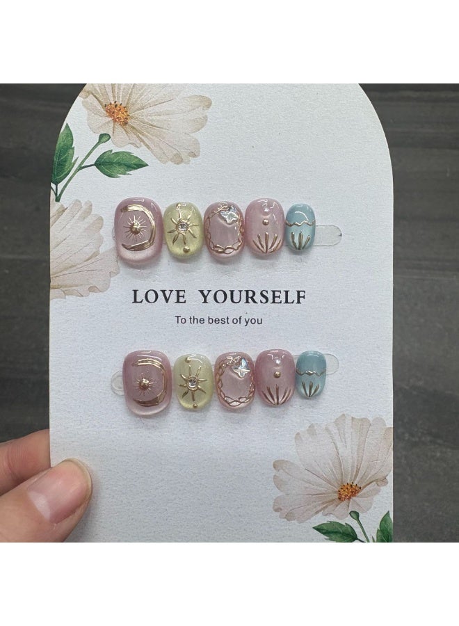 Boho Celestial Press On Nails - Sun Moon Star Design, Iridescent & Gold Line Art, Pastel Pink Yellow Blue Short Round Fake Nails for Daily & Vacation - Image 2