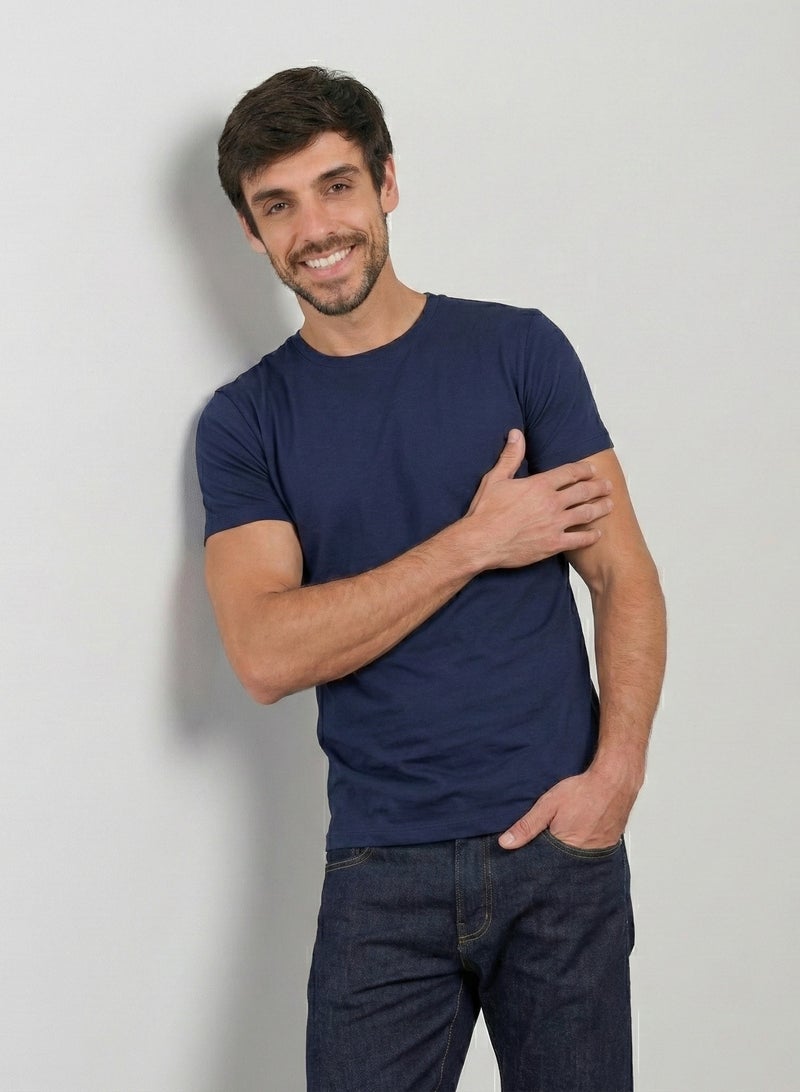 Dice Men's Basic Crew Neck T-Shirt, Slim Fit, Short Sleeve, Cotton Lycra - Navy - Image 2