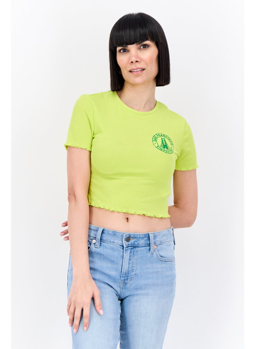 Lefties Women Crew Neck Short Sleeves Embroidered Top, Green  - Image 1
