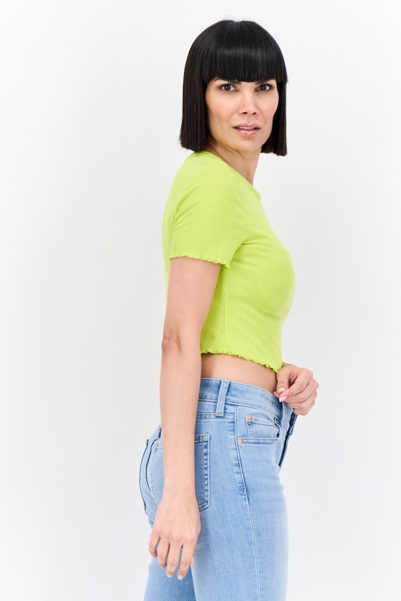 Lefties Women Crew Neck Short Sleeves Embroidered Top, Green - Image 2