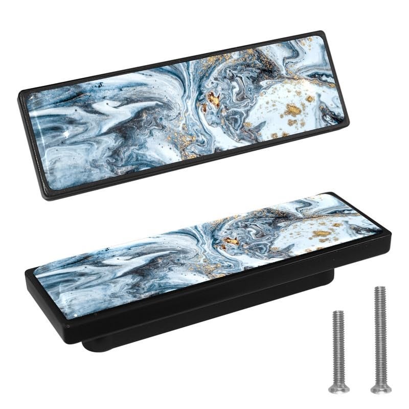 LORVIES 4 Pack 36 Marble Decorative Cabinet Knobs ABS Glass Long Rectangle Black Dresser Drawer Door Handles Pulls for Home Kitchen Bedroom Blue Grey Gold Texture - Image 1