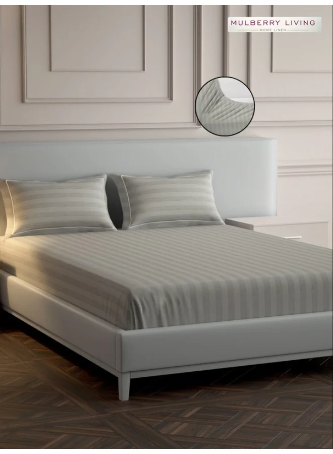 MULBERRY LIVING 100% Cotton - 300Tc Elysian Stripes King Size (180X200 Cms) Fitted Bedsheet With 2 Pillow Covers (50X75 Cm) - Silver Grey