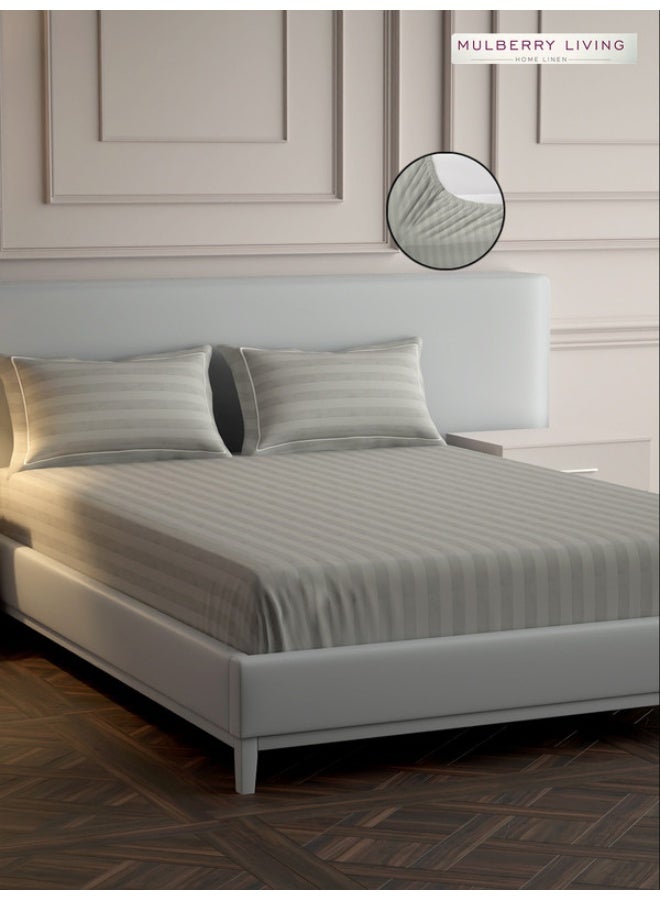 MULBERRY LIVING 100% Cotton - 300Tc Elysian Stripes King Size (180X200 Cms) Fitted Bedsheet With 2 Pillow Covers (50X75 Cm) - Silver Grey - Image 1