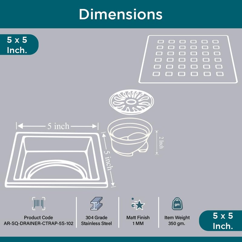Arquin Bathroom Floor Drainer 5x5 Shower Water Drain Channel 1MM 304 Stainless Steel with Cockroach Trap for Bathroom Kitchen Waste Water Drain Jali (Square Steel 102) - Image 5