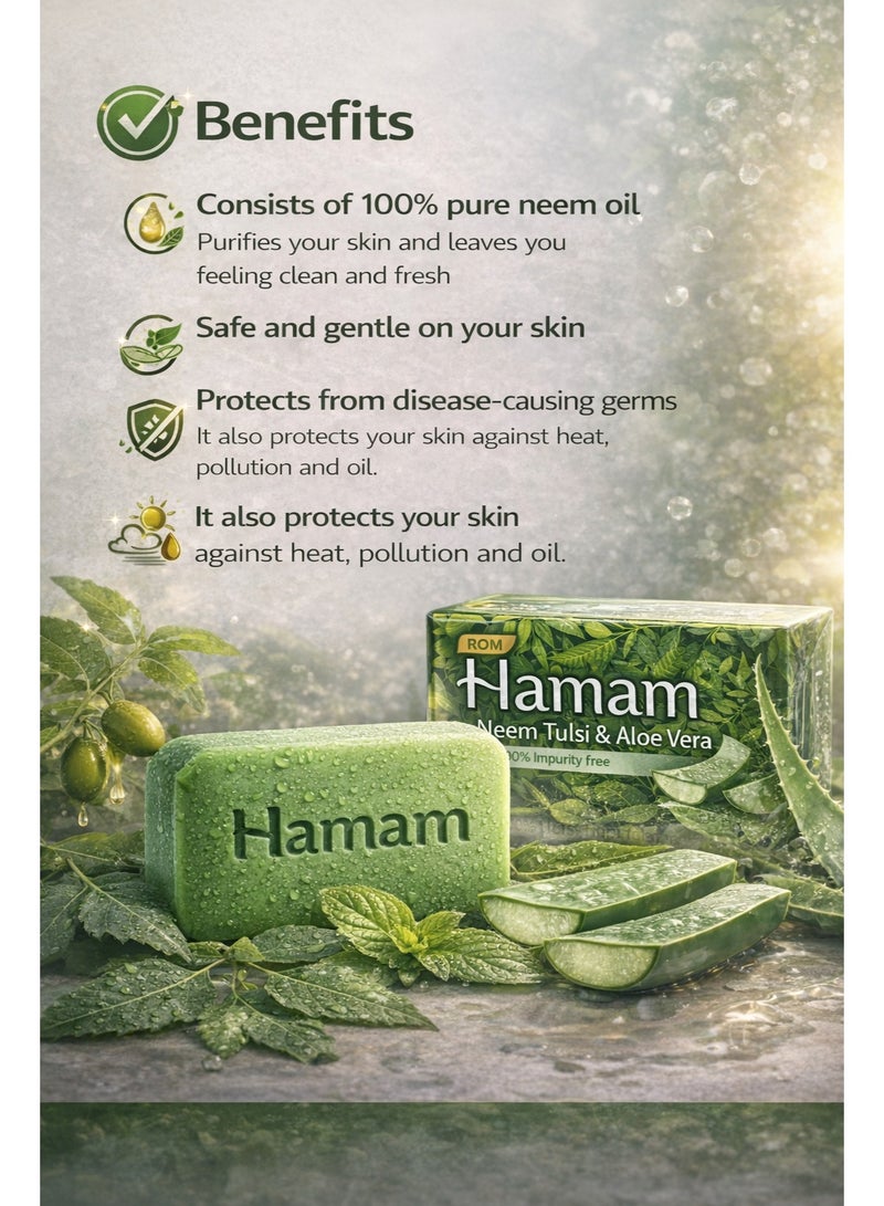 Hamam Neem Tulsi & Aloe Vera Herbal Bathing Soap 150g Each Pack of 2 Deep Cleansing Antibacterial Bath Bar for Fresh Healthy Skin - Image 4