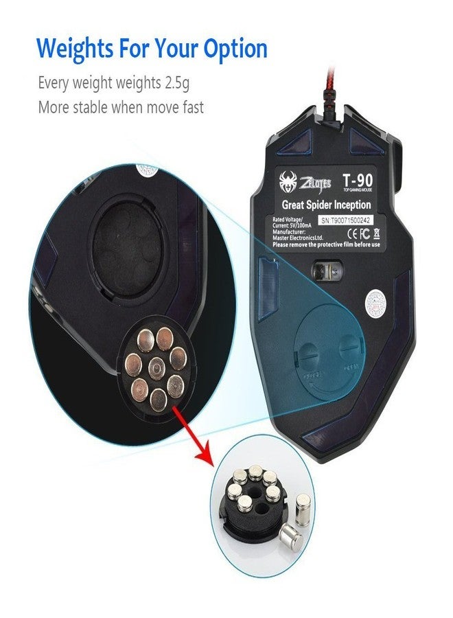 ZELOTES ماوس الألعاب السلكي المحترف Zelotes T90 بدقة 9200 DPI، 8 أزرار، مع 7 أوضاع من أضواء LED الملونة المتنفسة، مجموعة ضبط الوزن (أسود) - Image 4