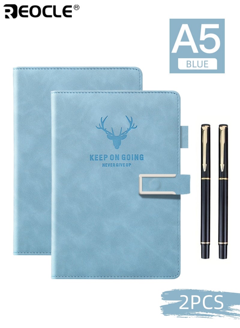 ريوكل مجموعة من 2 دفتر ملاحظات مقاس A5 وقلم تحتوي على 2 دفتر يوميات و 2 قلم - طقم كتابة بغلاف ملمس وصفحات بيضاء وإبزيم ذو طراز قديم للمكتب والاستخدام الشخصي - Image 1