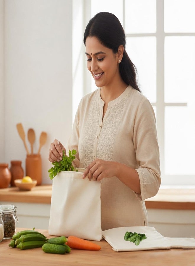 SHOPTOSHOP 100% Cotton Reusable Vegetable Bags for Fridge | Eco-Friendly Storage Bags | Washable Breathable Cloth Bags for Vegetables | Plastic-Free Kitchen Organizer | 12x12 Inches | Pack of 10 - Image 2