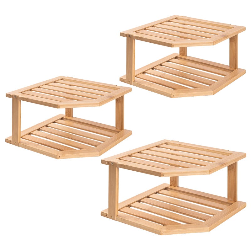 VERTORGAN Bamboo Corner Shelf(3 Pack),2 Tier Plate Organizer for Cabinet and Countertop,Pantry Dish and Spice Rack for Kitchen - Image 1