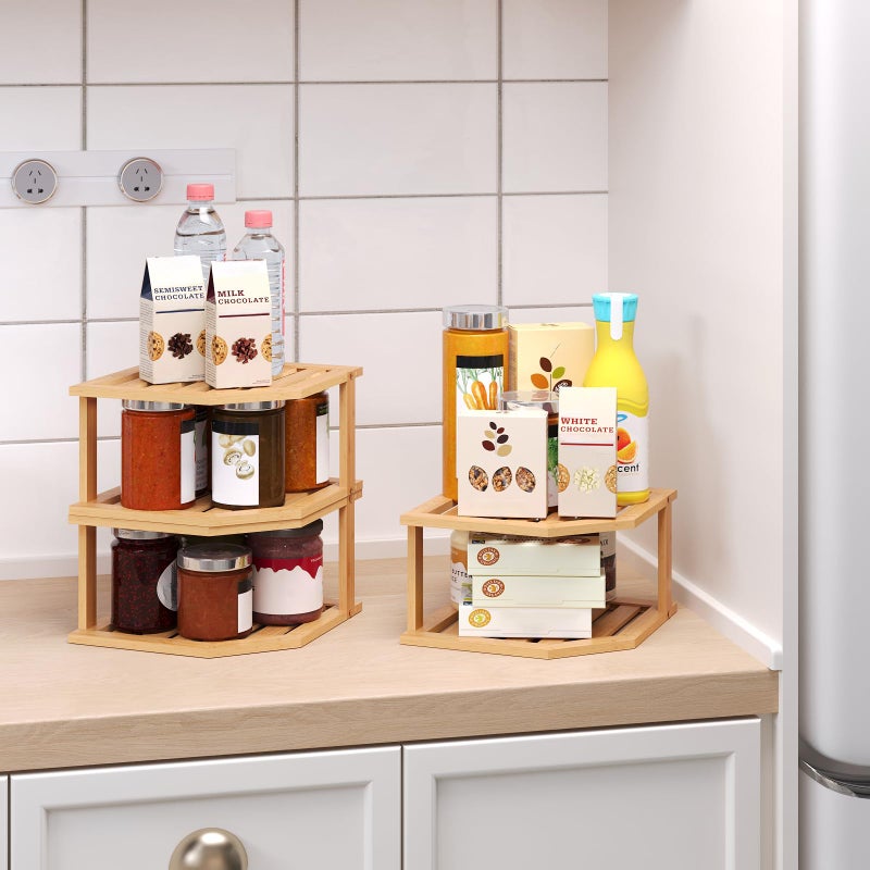 VERTORGAN Bamboo Corner Shelf(3 Pack),2 Tier Plate Organizer for Cabinet and Countertop,Pantry Dish and Spice Rack for Kitchen - Image 4