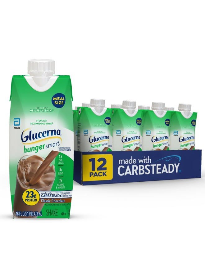 Glucerna مشروب هانجر سمارت بحجم وجبة رعاية مرضى السكري، شوكولاتة كلاسيكية، بديل وجبة لمرضى السكري لدعم إدارة مستوى السكر في الدم، 23 جرام بروتين، 250 سعرة حرارية، جاهز للشرب، زجاجة سعة 16 أونصة سائلة، 12 عبوة - Image 1