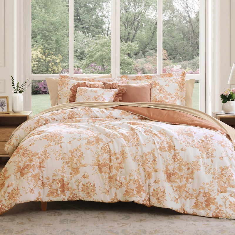 BLOOMHAVEN Queen Comforter Set 7 Pieces Autumn Leaf Floral Comforter Set for All Seasons Bed in a Bag Queen with Botanical Flowers Comforter Sheets Pillowcases  Shams