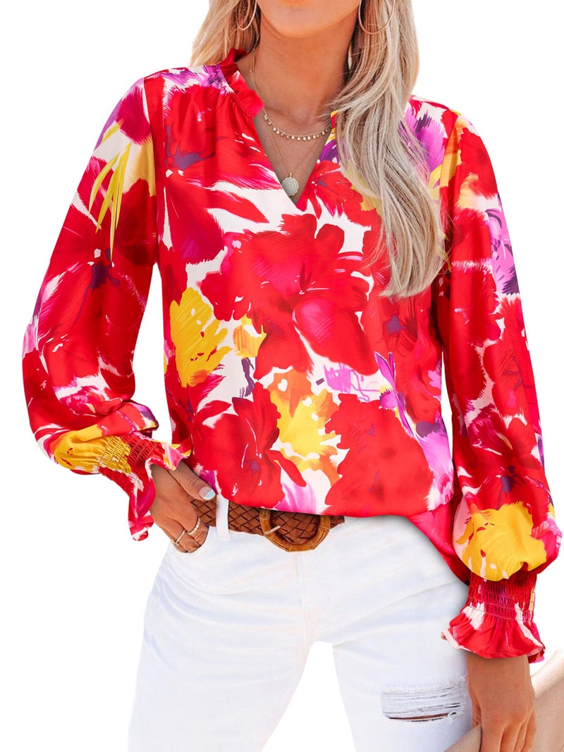 MASCOMODA Womens V Neck Floral Long Sleeve Tops 2026 Summer Casual Loose Puff Sleeve Chiffon Boho Work Blouse Dressy T Shirts(Red,Medium) - Image 1