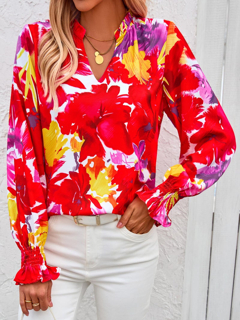 MASCOMODA Womens V Neck Floral Long Sleeve Tops 2026 Summer Casual Loose Puff Sleeve Chiffon Boho Work Blouse Dressy T Shirts(Red,Medium) - Image 3