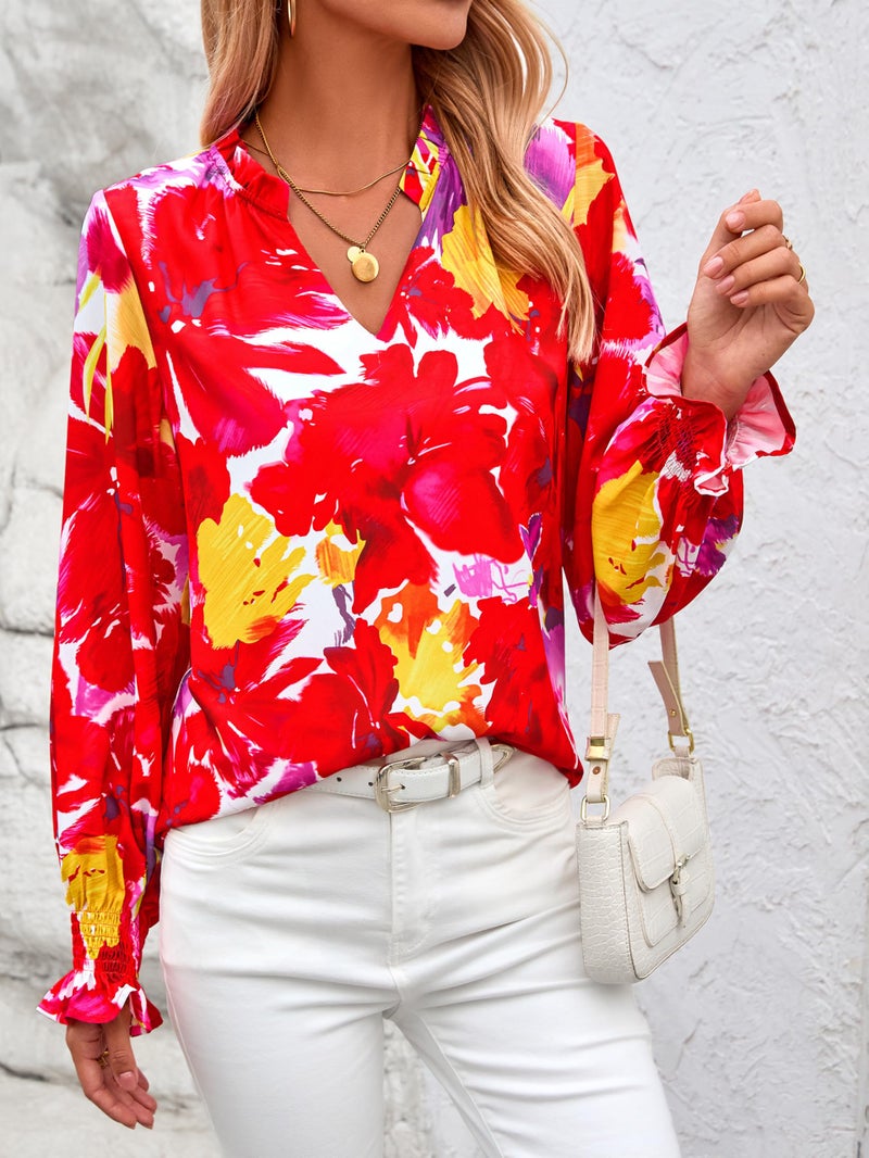 MASCOMODA Womens V Neck Floral Long Sleeve Tops 2026 Summer Casual Loose Puff Sleeve Chiffon Boho Work Blouse Dressy T Shirts(Red,Medium) - Image 5