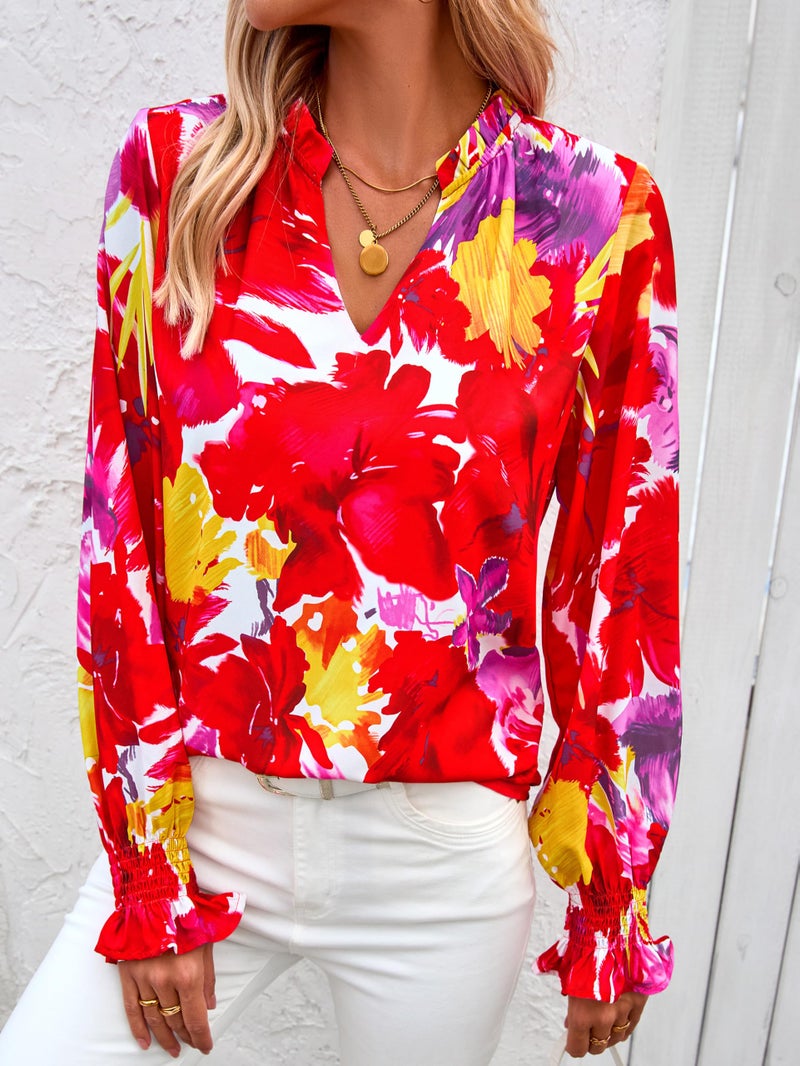 MASCOMODA Womens V Neck Floral Long Sleeve Tops 2026 Summer Casual Loose Puff Sleeve Chiffon Boho Work Blouse Dressy T Shirts(Red,Medium) - Image 2
