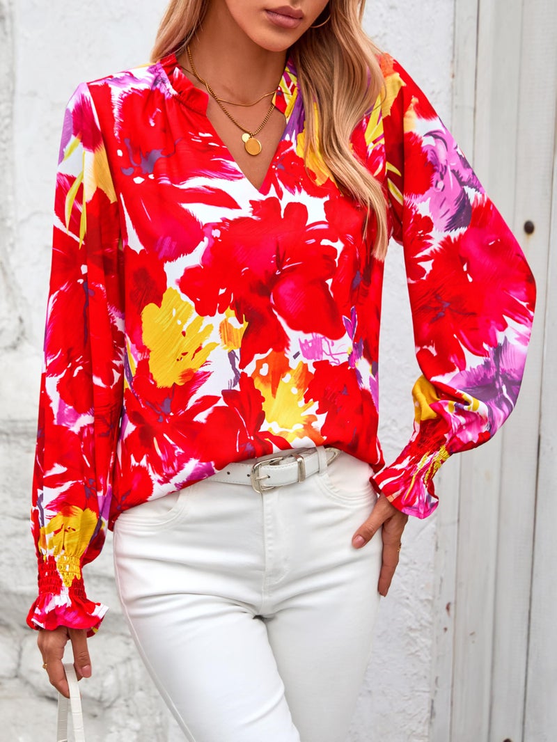 MASCOMODA Womens V Neck Floral Long Sleeve Tops 2026 Summer Casual Loose Puff Sleeve Chiffon Boho Work Blouse Dressy T Shirts(Red,Medium) - Image 4