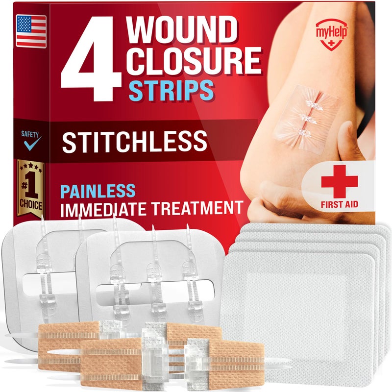 MYHELP Emergency Wound Closure Strips - 4pk - 2 Types Sutures Free Laceration Closure Kit - Stitchless & Easy to Use - Butterfly Bandages for Cut Care - Perfect for Quick Stop Bleeding and Wound Closing - Image 1