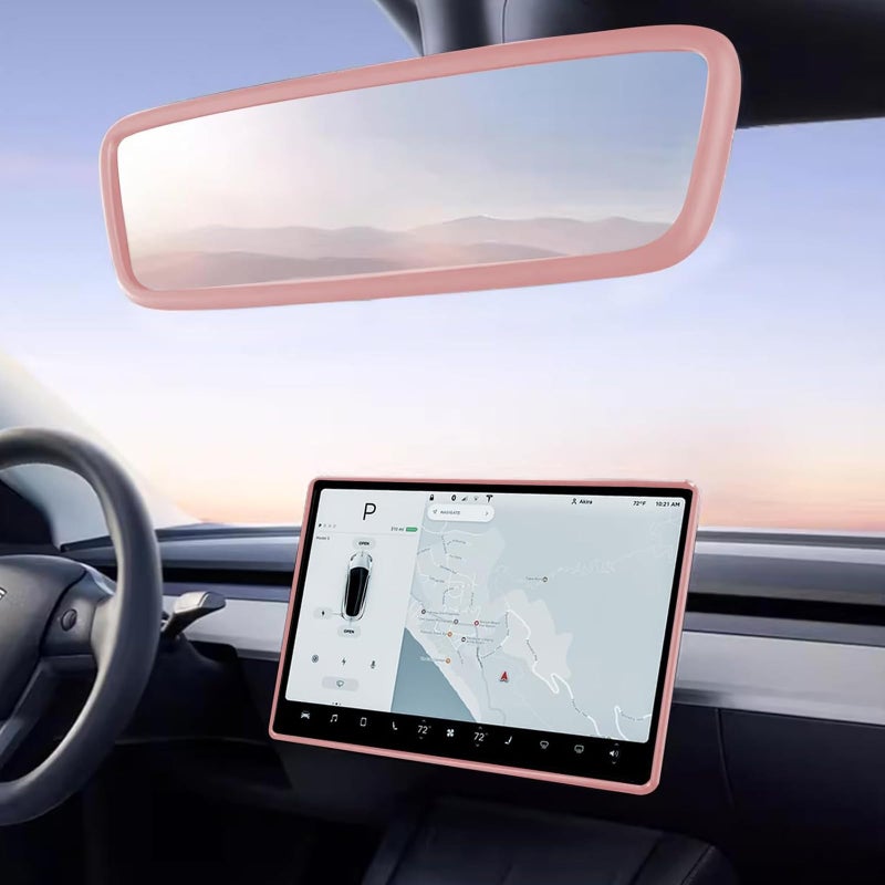 2PCS Protector Trim Frame Compatible with Tesla Model 3 Y 20202024 2025 2026 Screen Edge Frame Rearview Mirror Cover Interior Decorations Center Console Decor Highland Juniper Accessories Set Pink