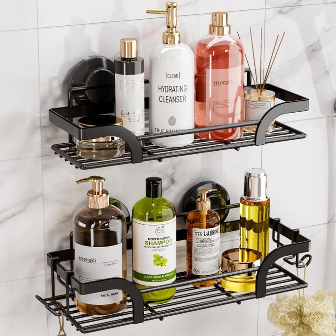 SHOWER CADDY SUCTION CUP 2 PACK SHOWER SHELVES FOR INSIDE BLACK RUSTPROOF METAL BATHROOM STORAGE NODRILLING BATHROOM ORGANIZER WITH LARGE CAPACITY HEAVY DUTY STORAGE BASKET