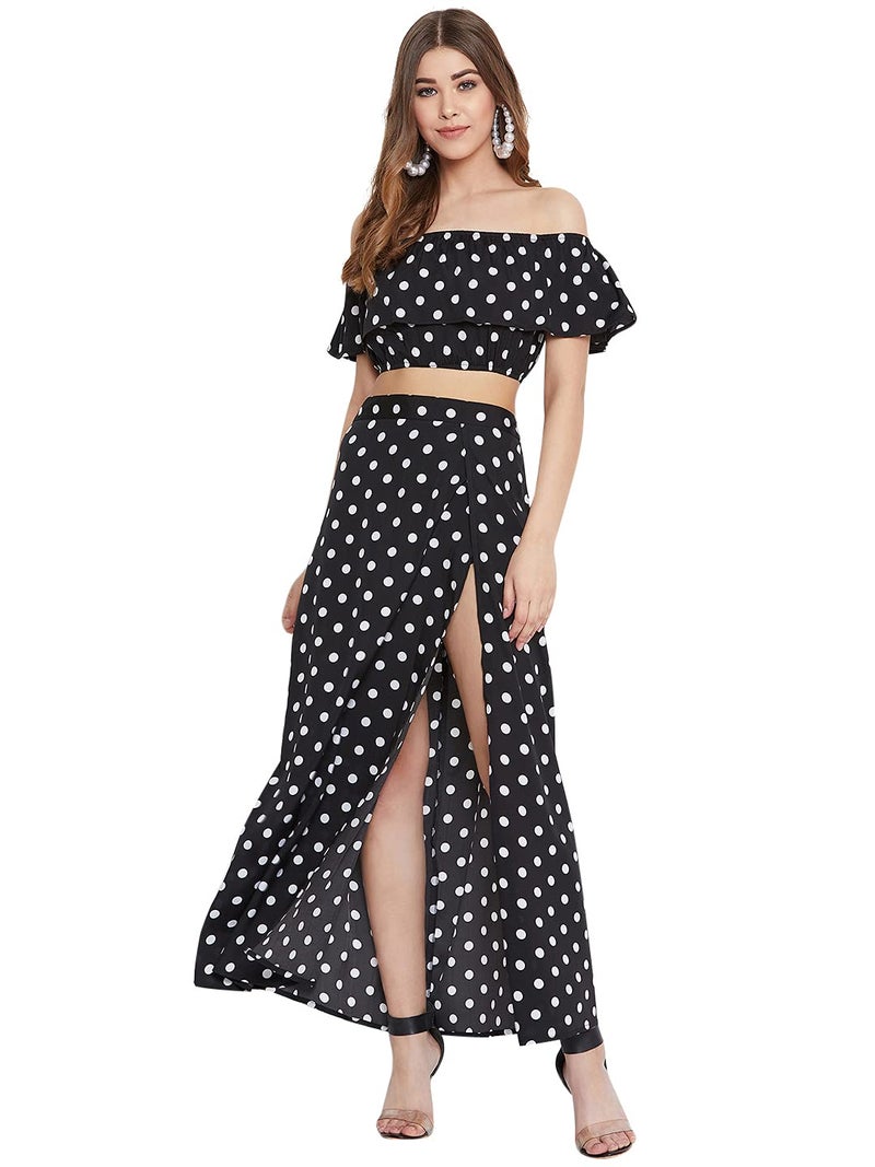 Berrylush Women Polka Dot Two Piece Dress |Top with Maxi Skirt_Black_Medium - Image 1