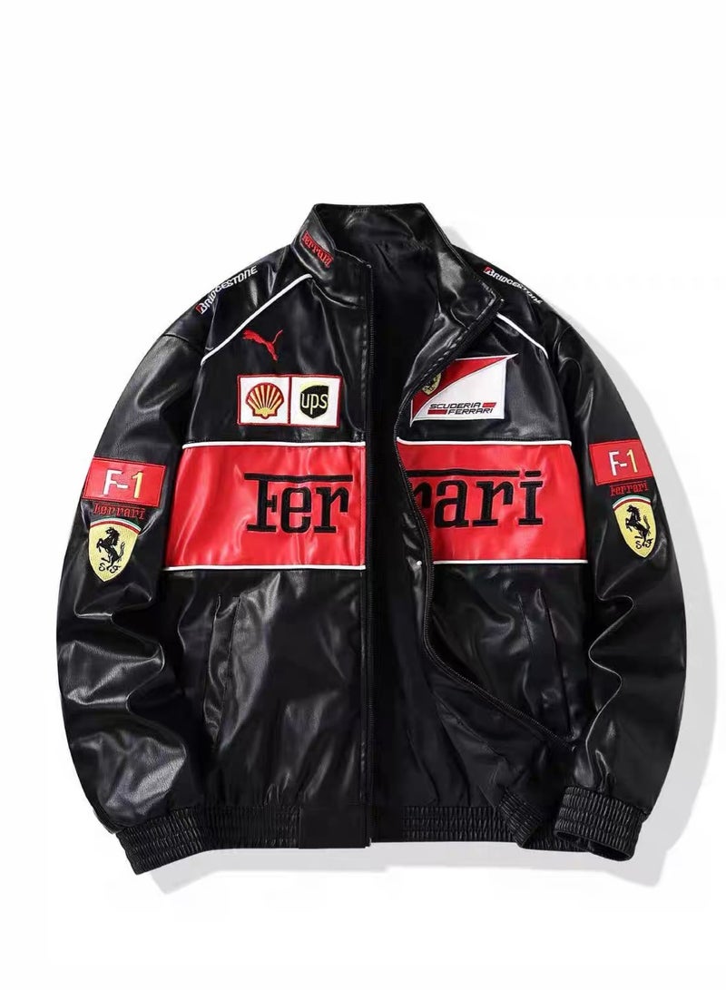 F1 Leather Racing Jacket - Black & Red Color Block, Shell/UPS Sponsor Logos, Full-Zip Design, Faux Leather Fabric, Official Motorsport Apparel for Fans & Streetwear Styling - Image 1