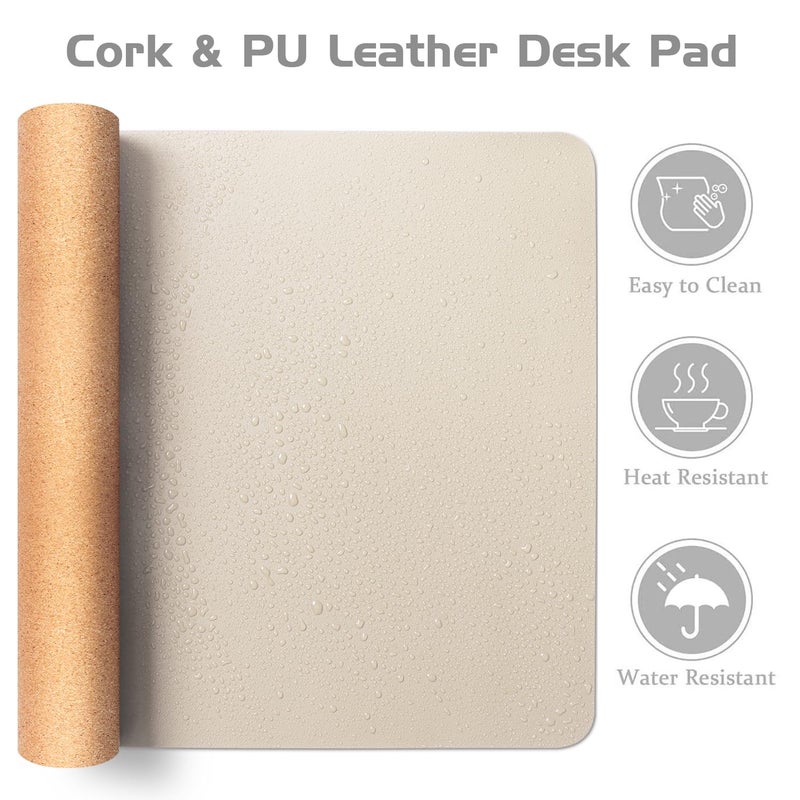 Aothia Dual-Sided Desk Pad - Leather Desk Mat, Natural Cork Desk Pad Protector, Large Mouse Pad for Desk, Waterproof Desk Blotter Pad, Desk Writing Pad for Office Work/Home, Beige (25.6"x13.7") - Image 2