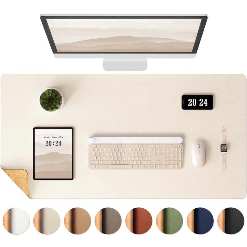 Aothia Dual-Sided Desk Pad - Leather Desk Mat, Natural Cork Desk Pad Protector, Large Mouse Pad for Desk, Waterproof Desk Blotter Pad, Desk Writing Pad for Office Work/Home, Beige (25.6"x13.7") - Image 1