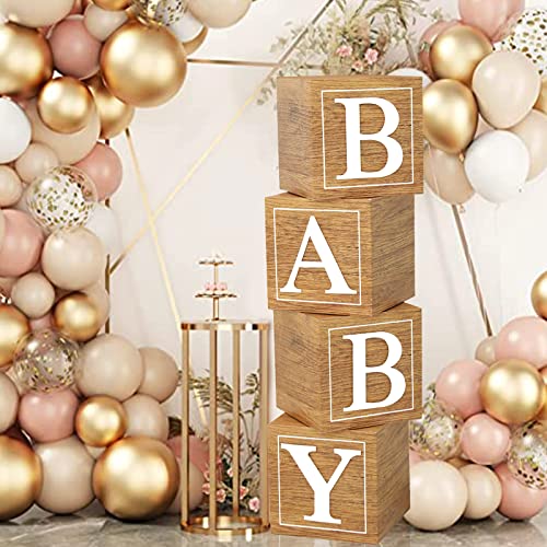 Netnology Baby Shower Boxes Birthday Party Decorations - 4 Wood Grain Brown Stereoscopic Blocks with BABY Letter,1st Birthday Balloon Boxes,Teddy Bear Boys Girls Baby Shower Supplies, Gender Reveal Backdrop - Image 5